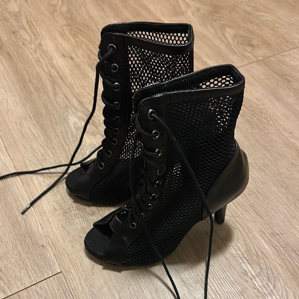Black Mesh Lace-Up Ankle Boots with High Heel